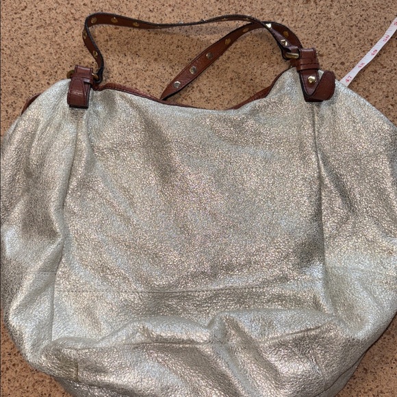 J.Crew Metallic Beacon Tote Bag Silver Brown Leather Studded Handle Large Size - Picture 14 of 14
